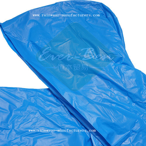 Blue vinyl hooded rain poncho